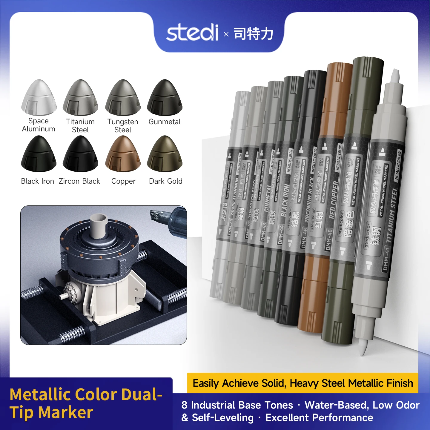 STEDI Water-Based Metallic Finish Dual Tip Marker Pen Hard Tip Fine & Flat Tip for Gundam Gunpla Mecha Model Painting Tool