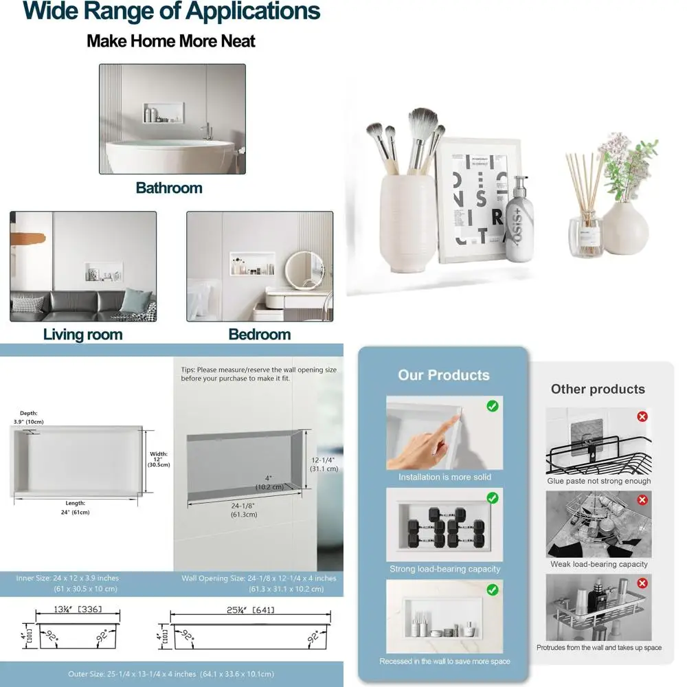 

24 x 12 Stainless Steel Shower Niche, Recessed Wall Shelf for Wet Areas, No Water Residue, White Storage