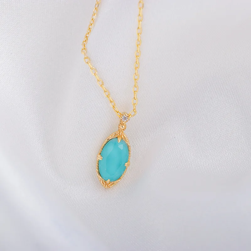 New S925 sterling silver inlaid turquoise white crystal pendant elegant retro