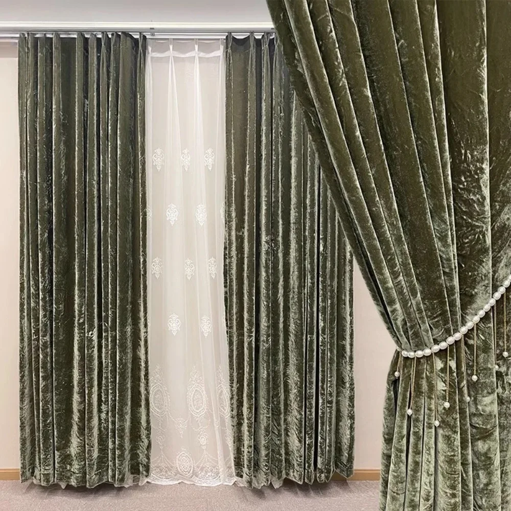 

New Custom Vintage Green Silk Velvet Curtains for Living Room Bedroom in European American French Style Drapes for Home Decor