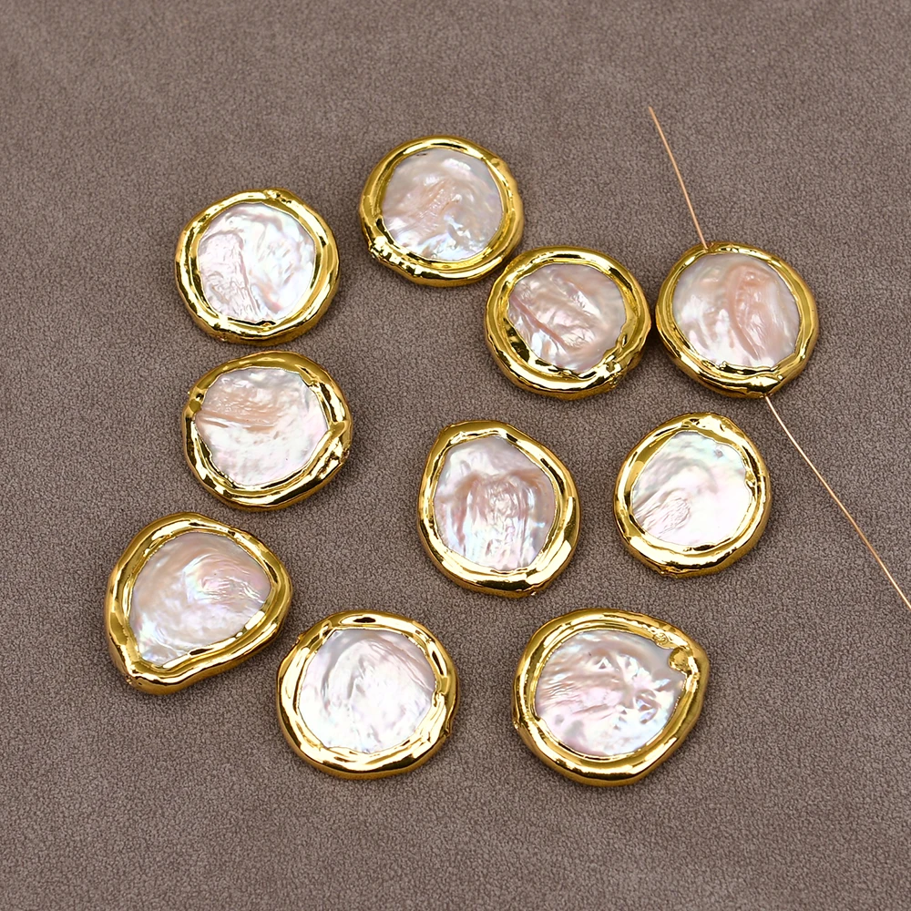 

APDGG Wholesale 10 Pcs Freshwater Cultured White Keshi With Pink Coin Pearl Gold Edge Plated Beads Bezel Set