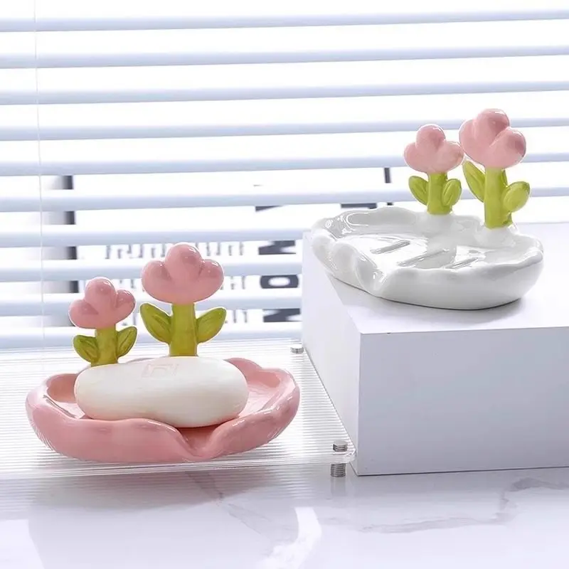 Kawaii Pink White Tulip Soap Dish Anti Wet Soap Container For Wash Basin Bathroom Home Decor Storage Accessory