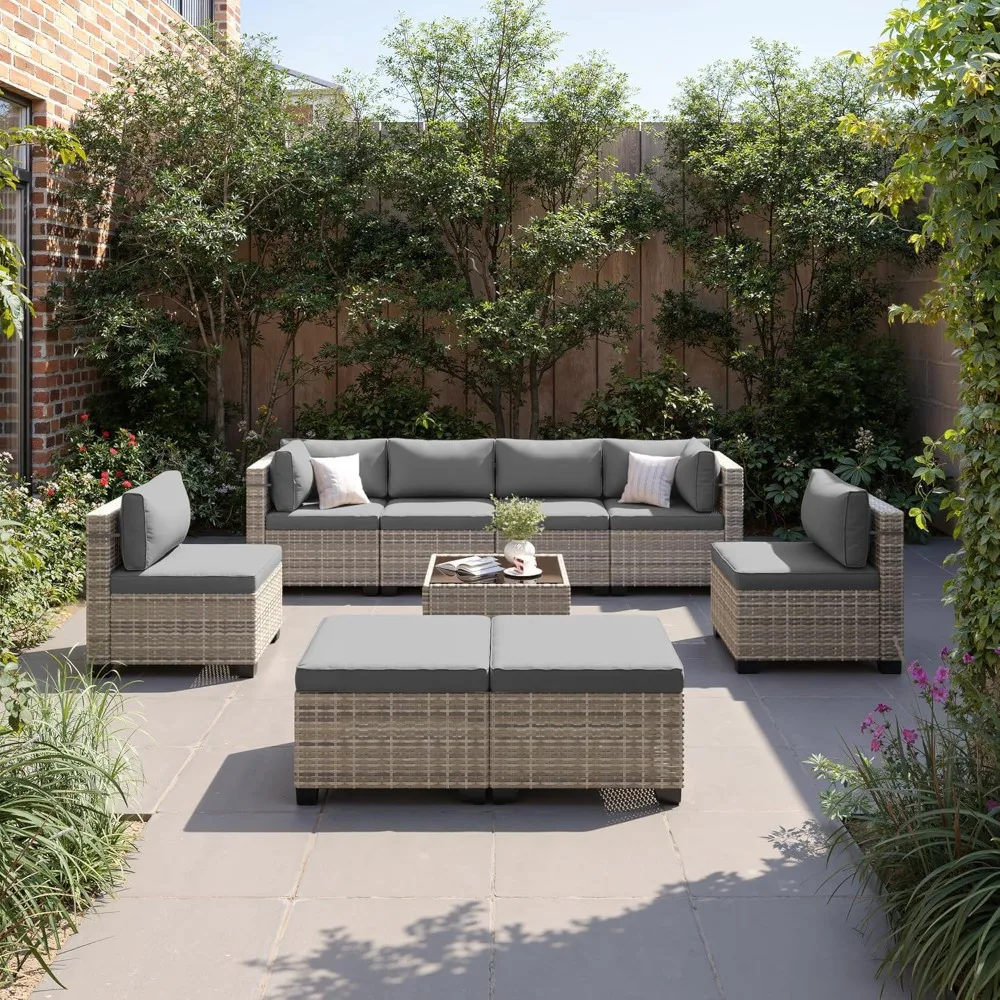 

9-Piece Patio Furniture Set, Outdoor Sectional with Ottomans, Modular Patio Sofa, Dual-Strand Wicker Rattan, Rust-Resistant