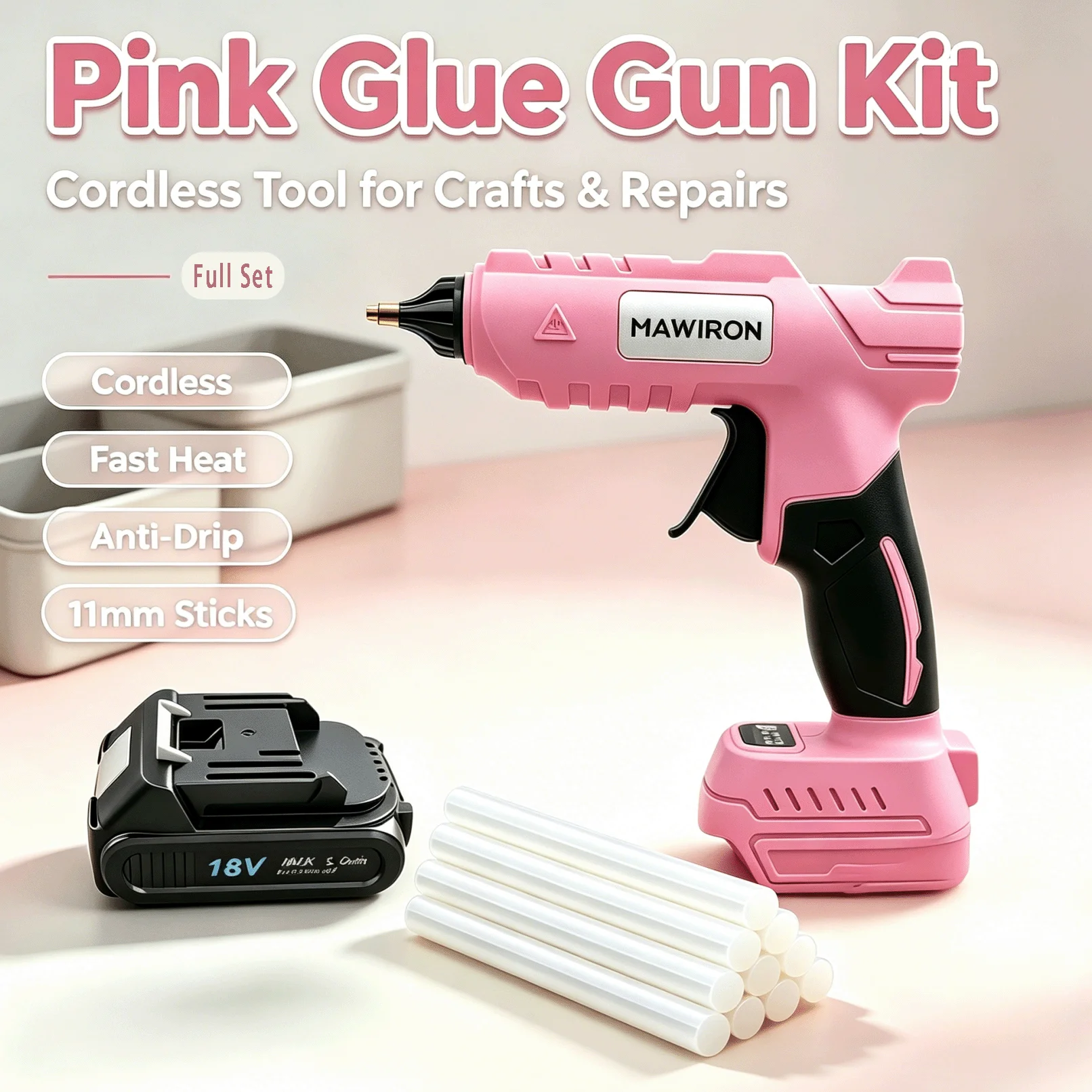 Pistola per colla a caldo elettrica rosa, alimentata a batteria da 18 V, kit senza fili con 1 batteria, caricabatterie europeo e 10 stick di colla da 11 mm, pistola per adesivo a caldo.