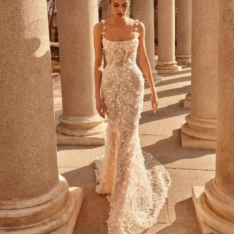 Ivory White Appliques Wedding Dresses Lace 3D Flower Decal puff skirt long tail fishtail Made wedding dress Bridal Gown