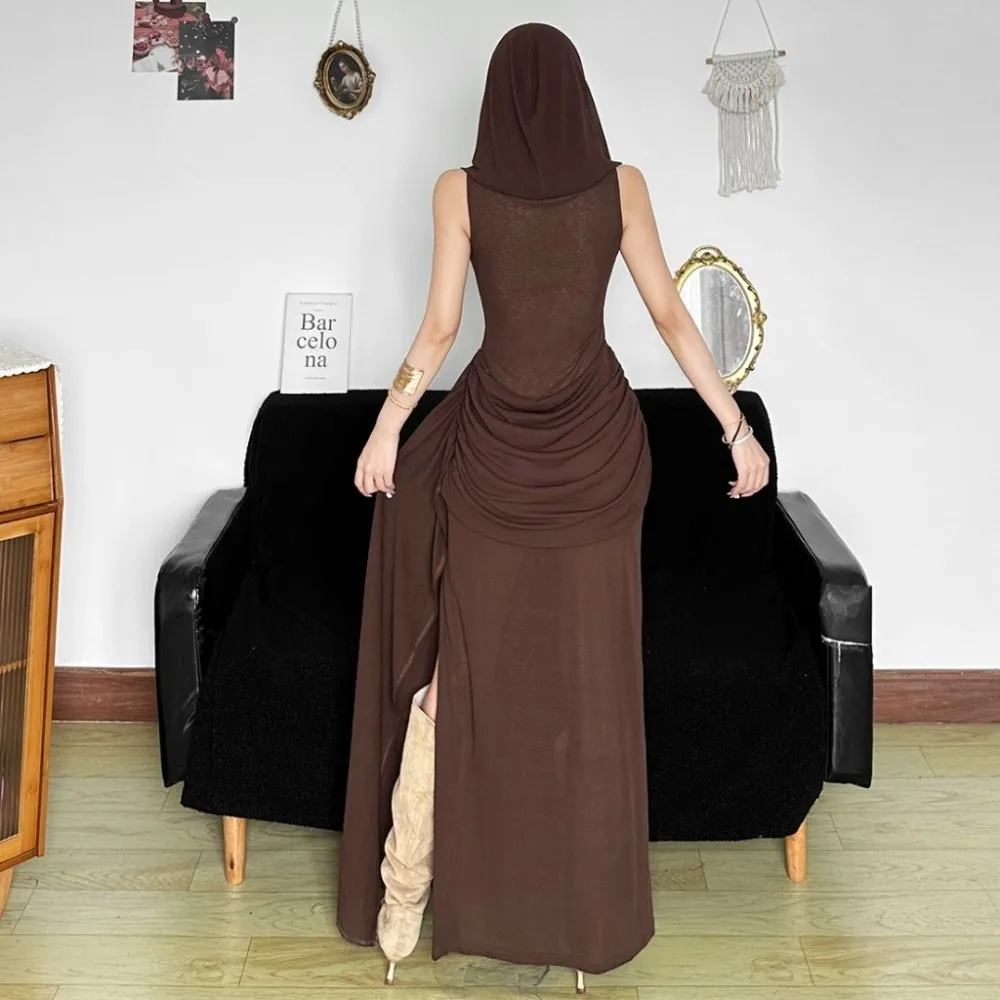 SylCue เซ็กซี่แฟชั่นแยกตาข่าย Patchwork Hooded ชุดผู้หญิงดูผ่าน Ruched Slim อเมริกันสไตล์วินเทจ Elegant ยาว Bodycon