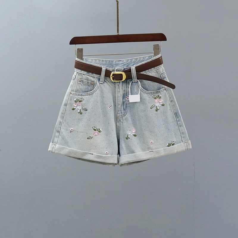 

Ретро-шорты с высокой талией и цветочной вышивкой, женские летние новые широкие джинсовые шорты, утягивающие, в корейском стиле, из смесового хлопка