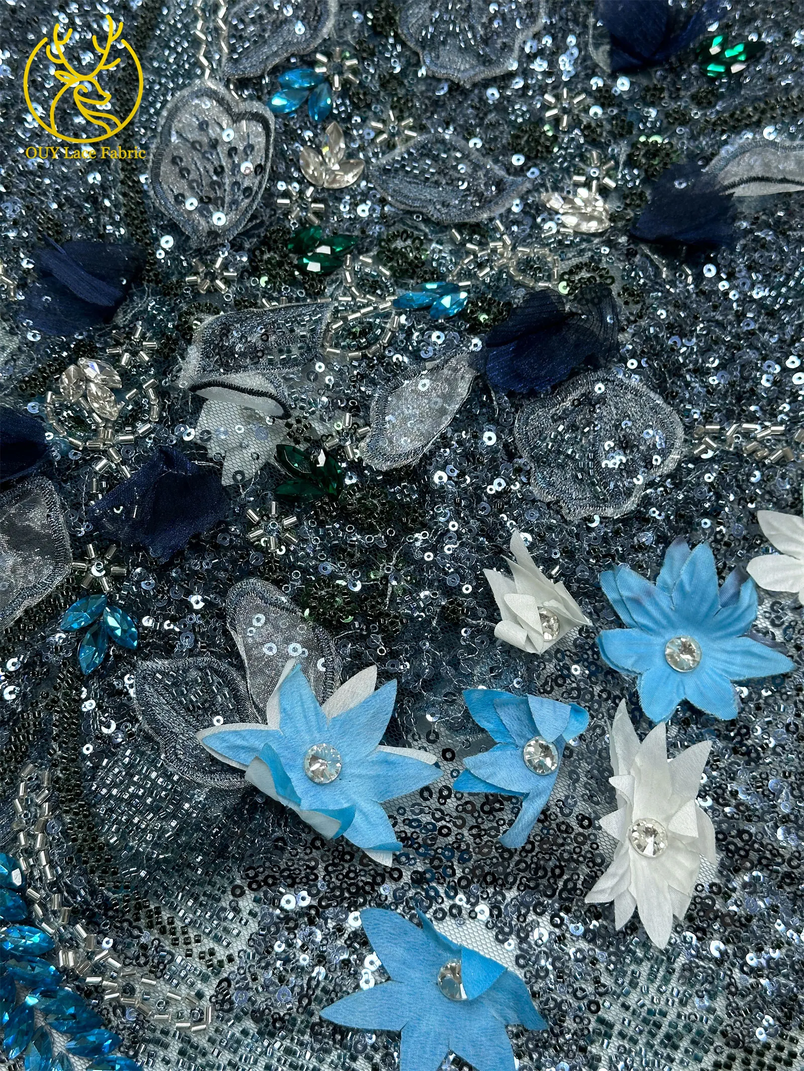 Hochwertiger luxuriöser französischer Edelstein-Perlenstickerei-3D-Blumen-Afrikanischer-Pailletten-Spitzenstoff für DIY handgefertigtes Hochzeitskleid. – Detail 27