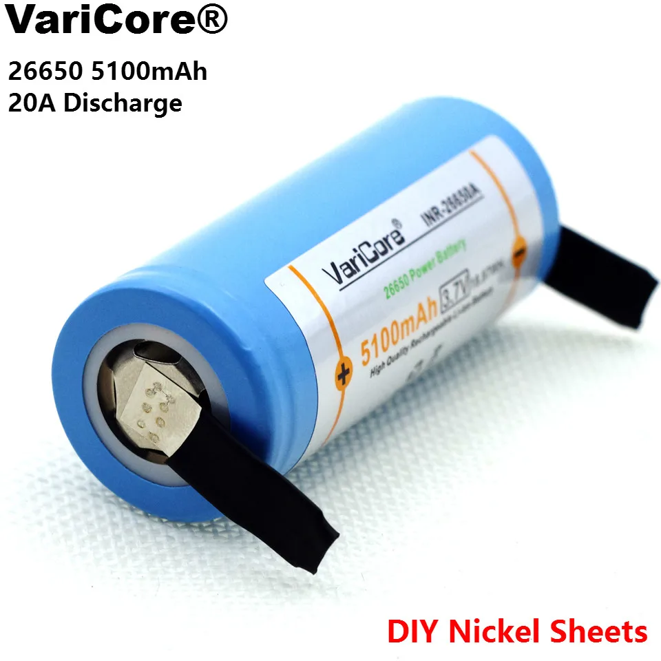 VariCore 26650A 5100mAh ليثيوم أيون 3.7 فولت بطارية قابلة للشحن 20A تفريغ 3.6 فولت بطاريات الطاقة + صفائح النيكل ذاتية الصنع