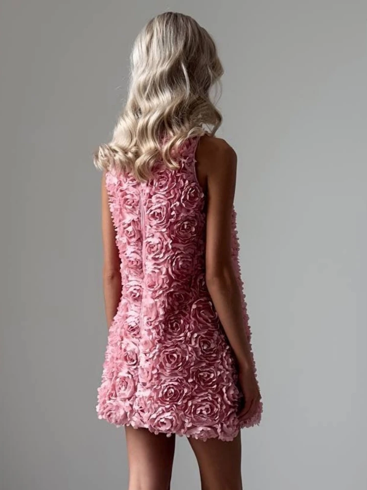 Mini robe à fleurs roses, Sexy, sans manches, col rond, pour femmes, douce, ample, élégante, robes de soirée, de Cocktail
