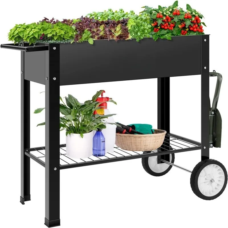 Rustproof Planting Workstation Push Cart Outdoor Metal Potting Bench Table with Wheels and Storage Shelf