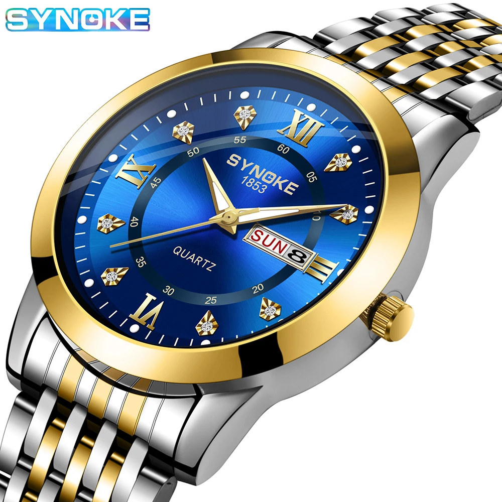 SYNOKE Non Automatic Movement Luminous Sports Waterproof Quartz Watch round Pointer Glass Calendar Business Quartz Watch For Men