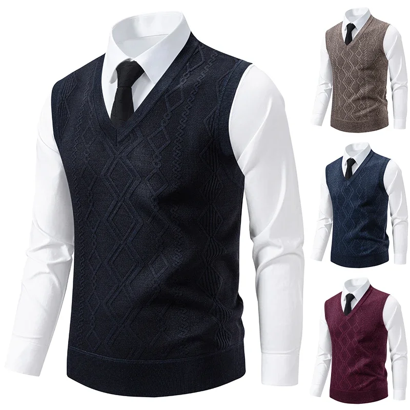 2025 الرجال الخامس الرقبة محبوك سترة دافئة الخريف الشتاء موضة عادية الماس شبكة الملتوية زهرة تصميم تنوعا