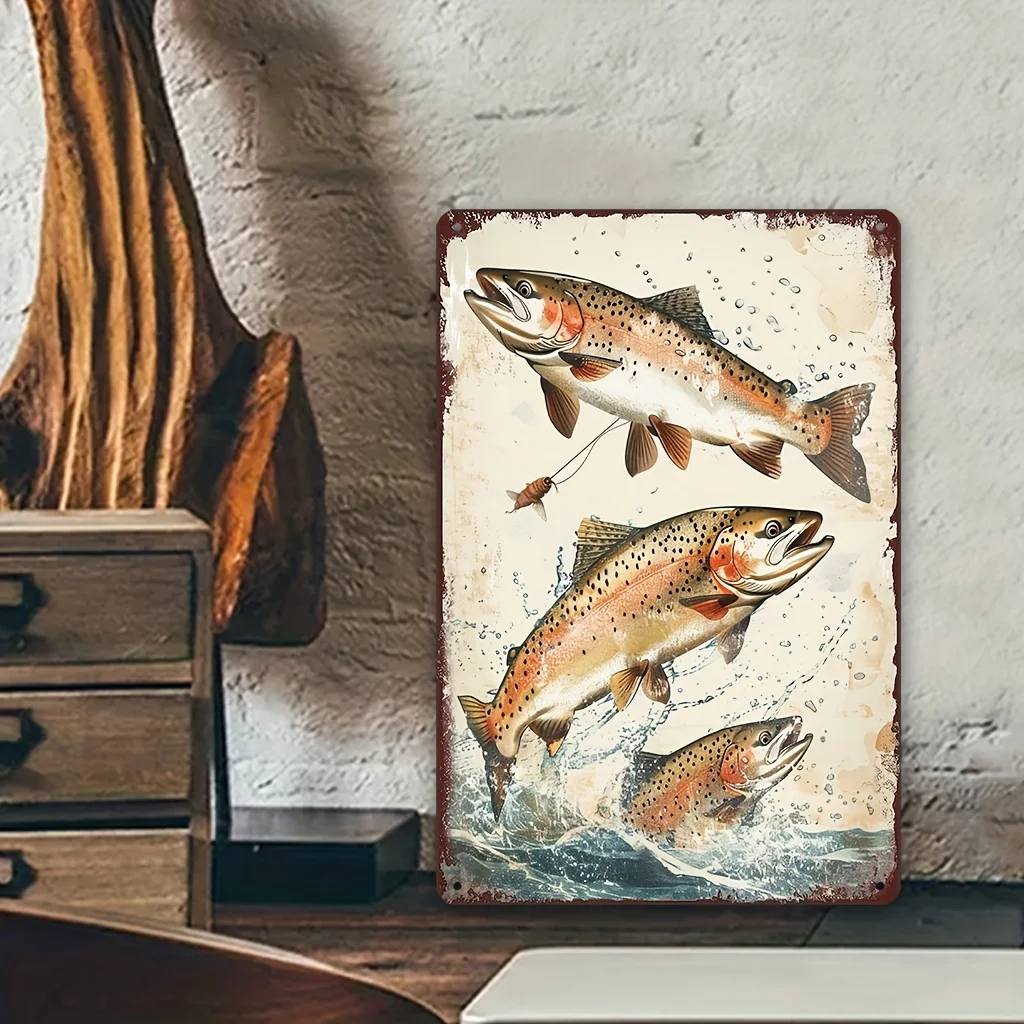 Vintage Aluminium Rainbow Trout Fishing Tin Sign, Retro Jumping Fish Water Print Wall Decor for Cabin & Fishing Lodge