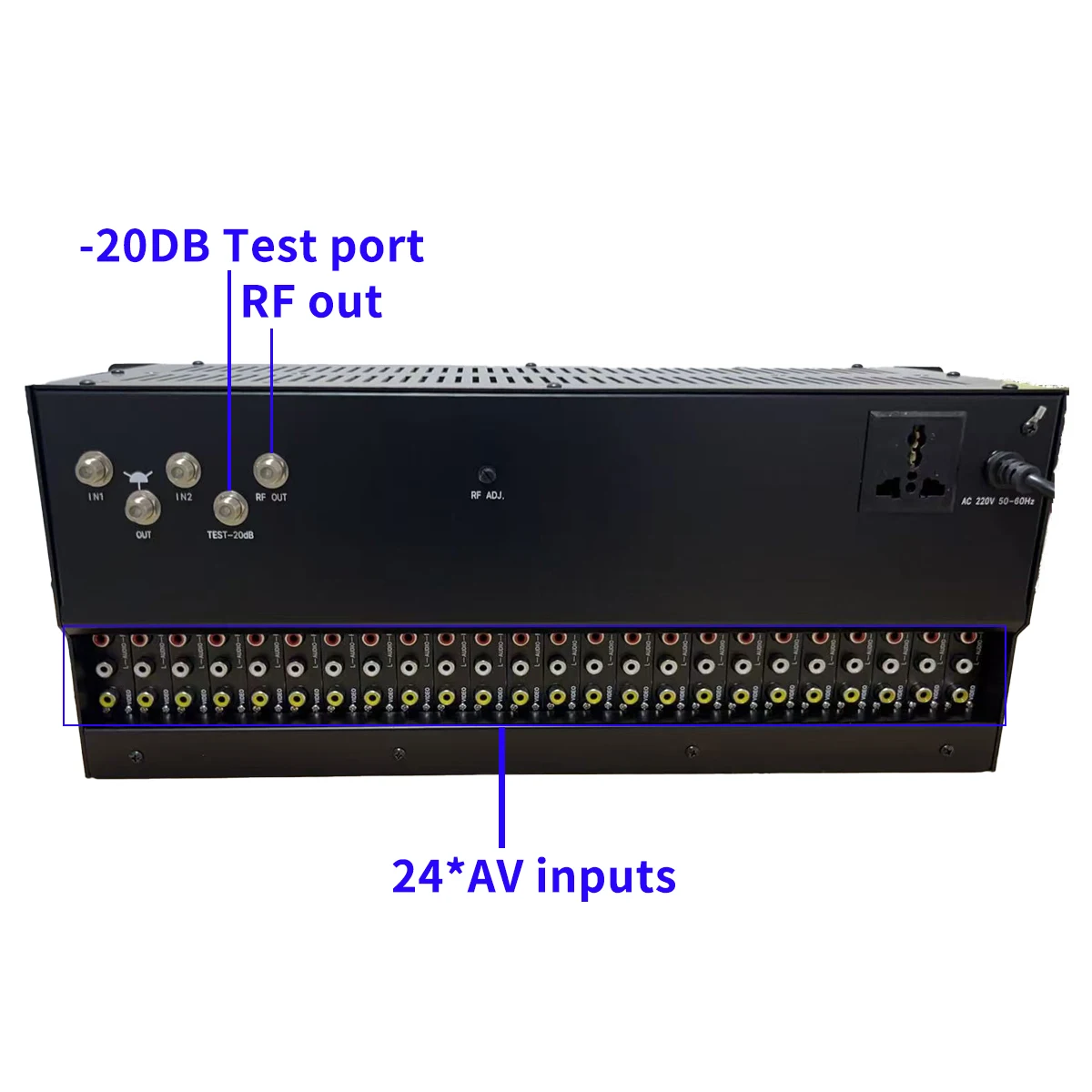 

24-канальный черный AV-аналоговый рекламный модулятор 24 аудио и видеосигнала в дорогу с 24 ТВ-каналами радиочастотных сигналов