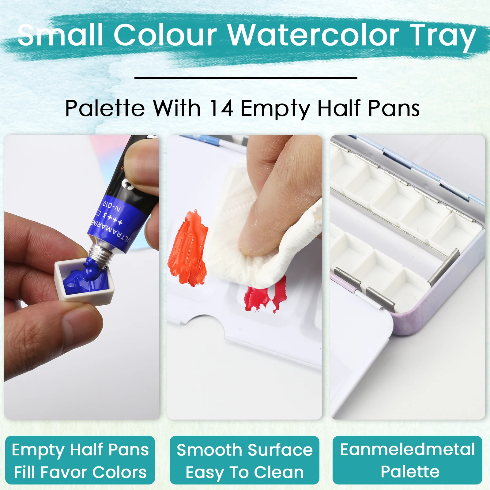 Watercolor Palette Empty w/Removable Paint Tray & 14 Watercolor Half Pans - Sturdy Empty Watercolor Palette Tin