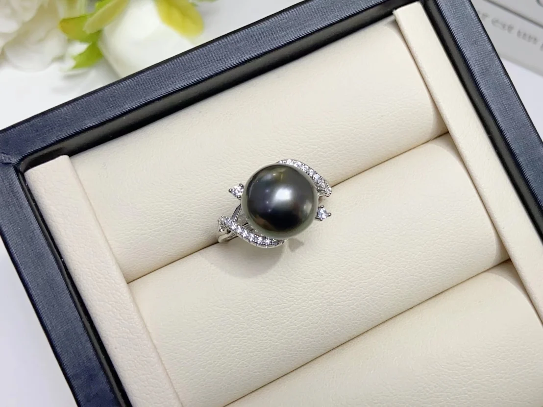 JCY Ocean Pearls Rings Fine Jewelry Pure 925 Sterling Silver Natural Ocean Tahiti Black Pearl 12-13mm Female's Rings