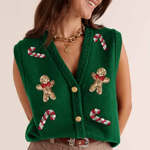 Christmas Essential Clothes Women’s V Neck Knit Vest Christmas Sleeveless Sequin Embroidery Button Tank Tops Sweater Vest