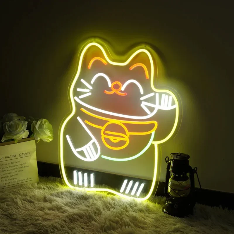Lucky Cat LED Neon Sign Anime Neon Light Wall Decor for Shop Front Desk Home Wall Decor Neon Bar Sign Fortune Cat Welcome Light