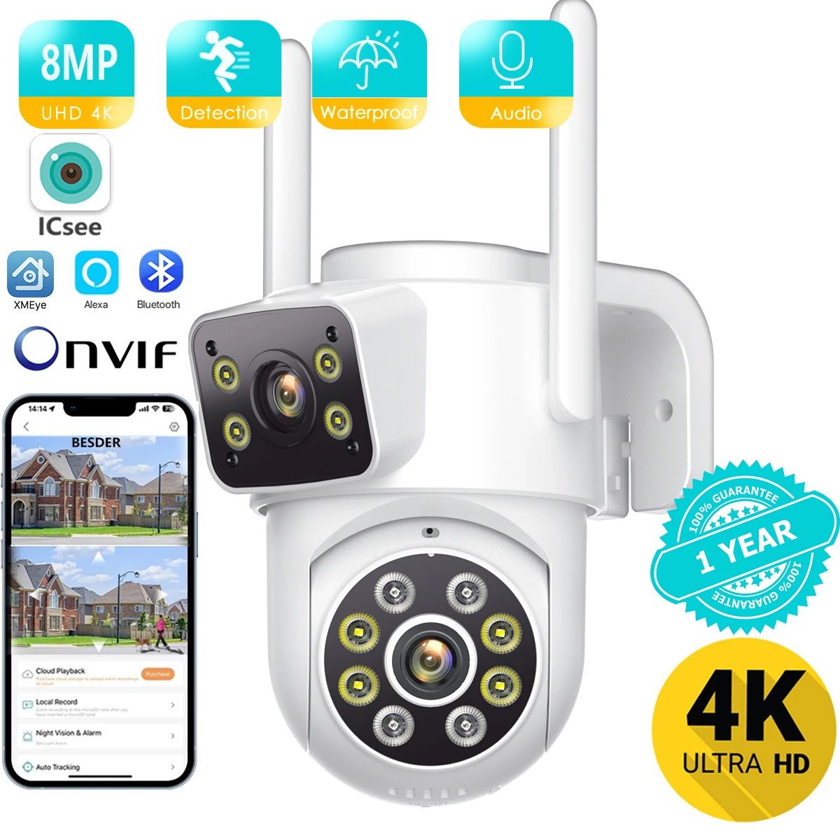 BESDER 4K PTZ Wifi IP Camera 8MP Dual Lens AI Human Detection Wireless Outdoor Security CCTV with Dual Screens ICSEE App Control