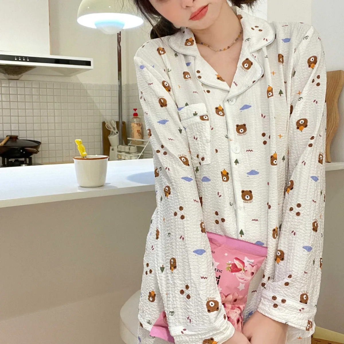 New Women\'s Long-sleeved Pajamas Home Wear Ms. Bubble Cotton Cartoon Bear Girl Sweet Leisure Foreign Trade Cross-border Suit Ms.