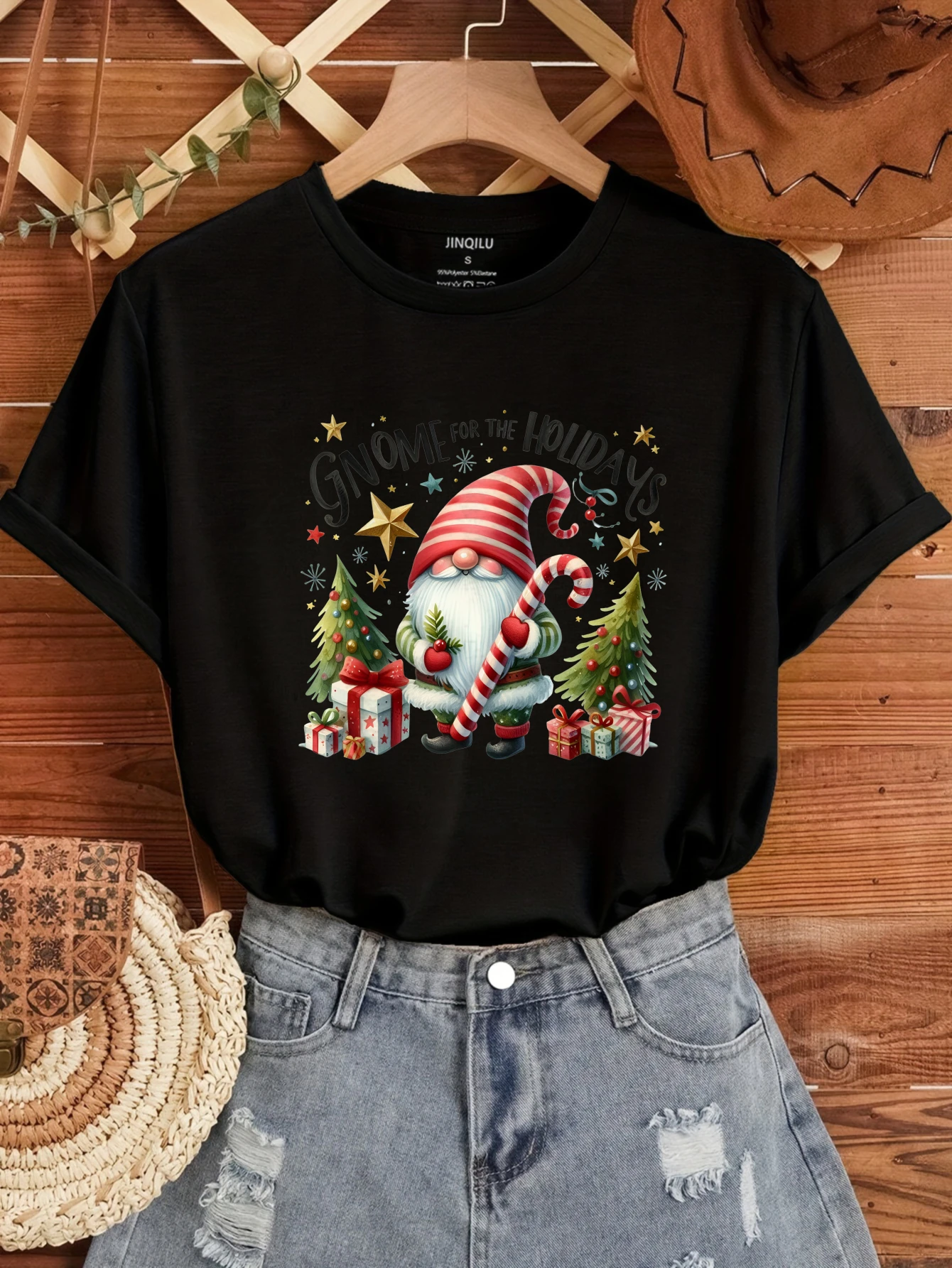 

2025 Santa Claus's blindfolded graffiti print tops Ladies Casual T-shirt Junior O-Neck Spring Summer Fashion Tee vintage clothes