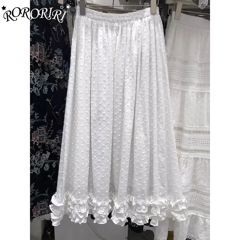 

RORORIRI Polka Dot Jacquard White Long Skirt Women Solid Casual Beach Frill Trim Lace Elastic Waist Balloon Skirt Summer Clothes