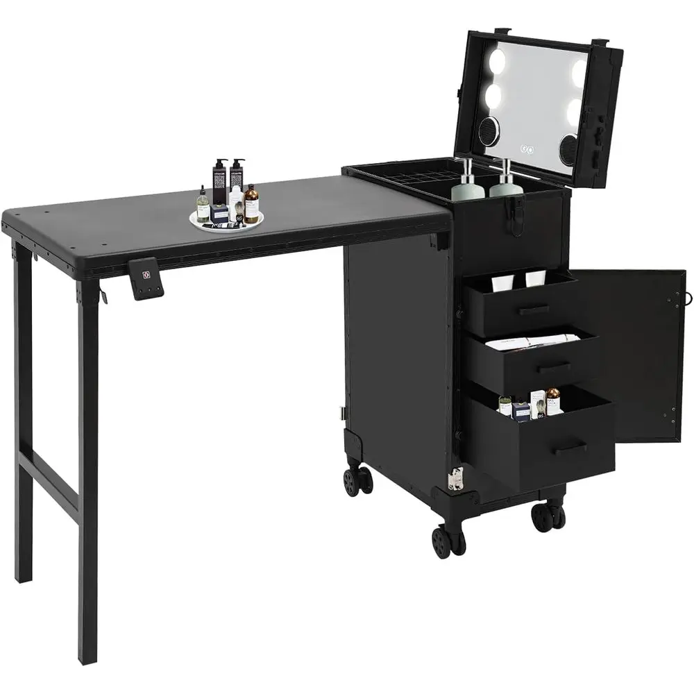 

Portable Rolling Manicure Table with Audio & Mirror, Professional Makeup Storage, 4 Drawers, Travel Case Workstation for Artists