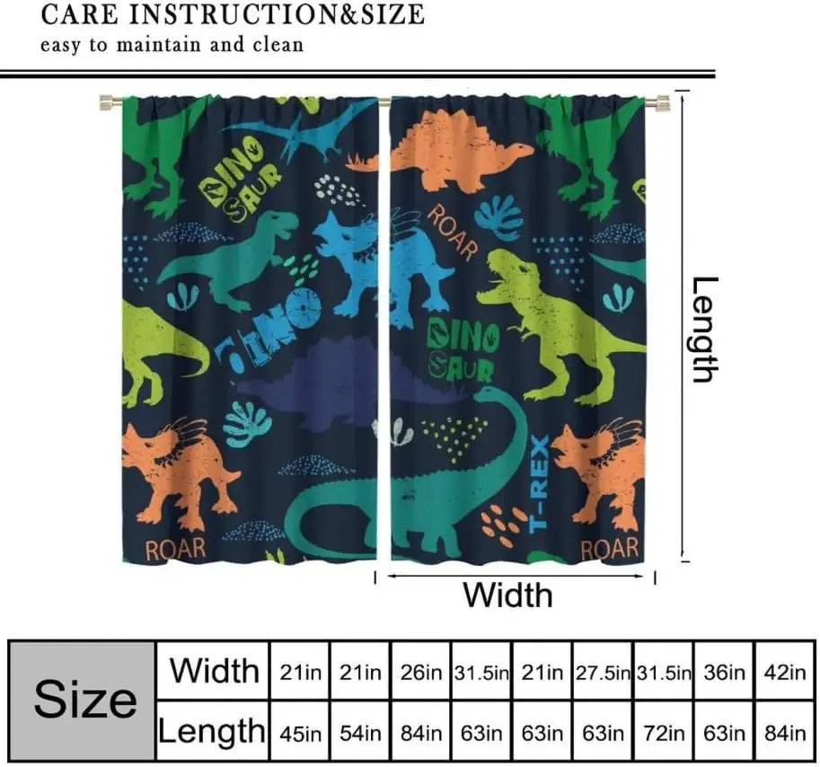 Dark Blue Dinosaur Silhouette Curtain Panels, Color T-Rex Footmark Full Cool Boy Game Print Drapes Kindergarten Apartment Decor