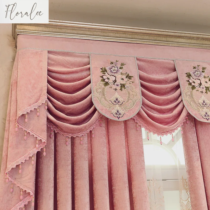 Flower Clusters Chenille Embroidered Pink Flower Clusters European Style Curtains Living Room Bedroom Curtain Head Villa Home