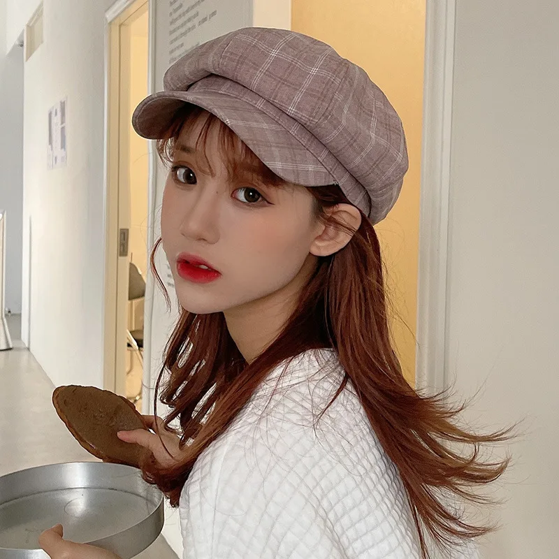 Beret Hat Women Spring Summer New Korean style Striped Octagonal Cap Plaid Newsboy Cap Sun Hat