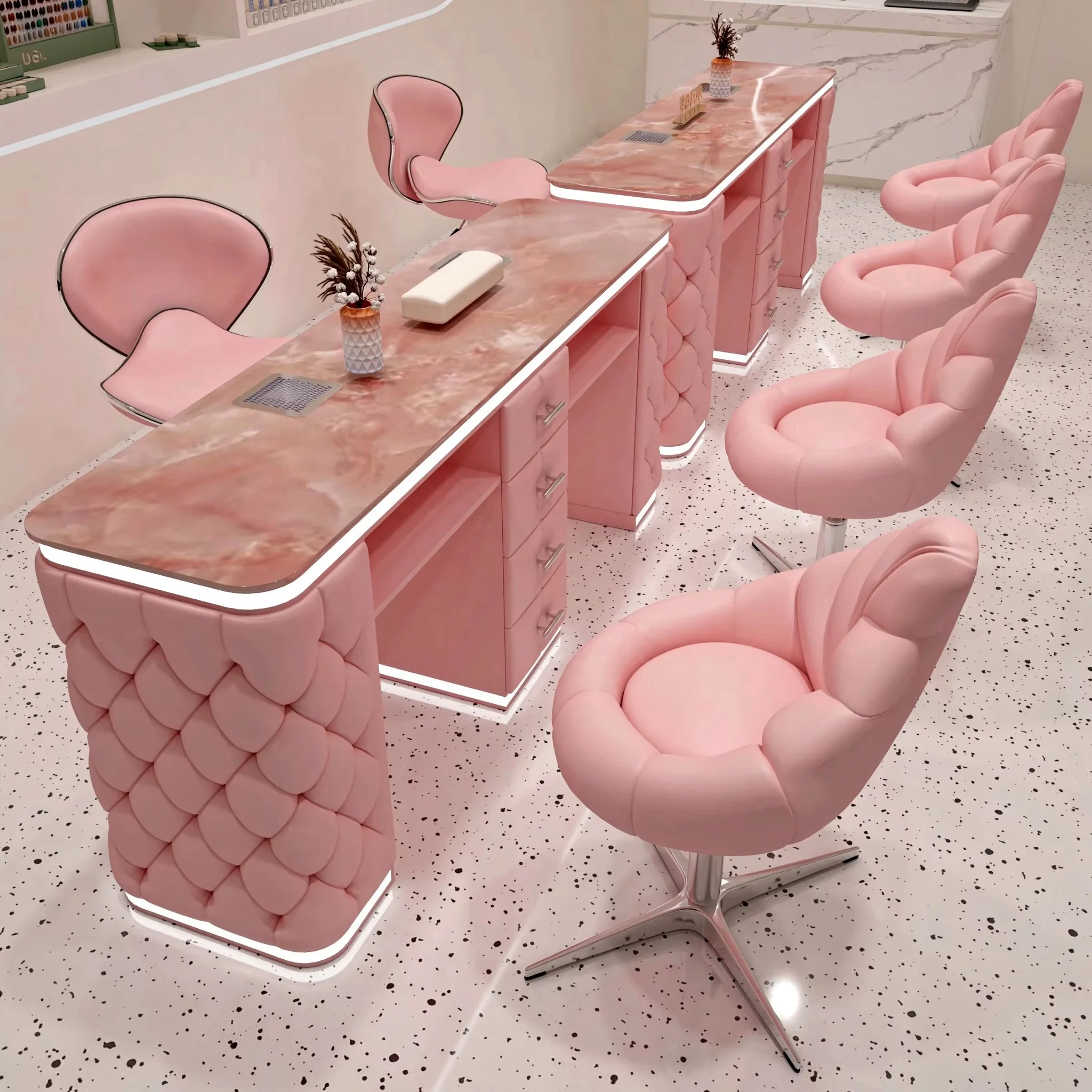 Manicure Table and Chair Set with Built-in Dust Collector, LED Light Strip, Bubble Tufted Nail Salon Furniture