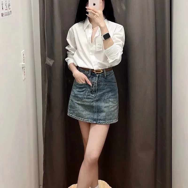 Salt Style Light Cooked Summer Women's 2024 Loose Fitting Casual Shirt Turn Down Collar Button High Waisted Denim Skirt Suit