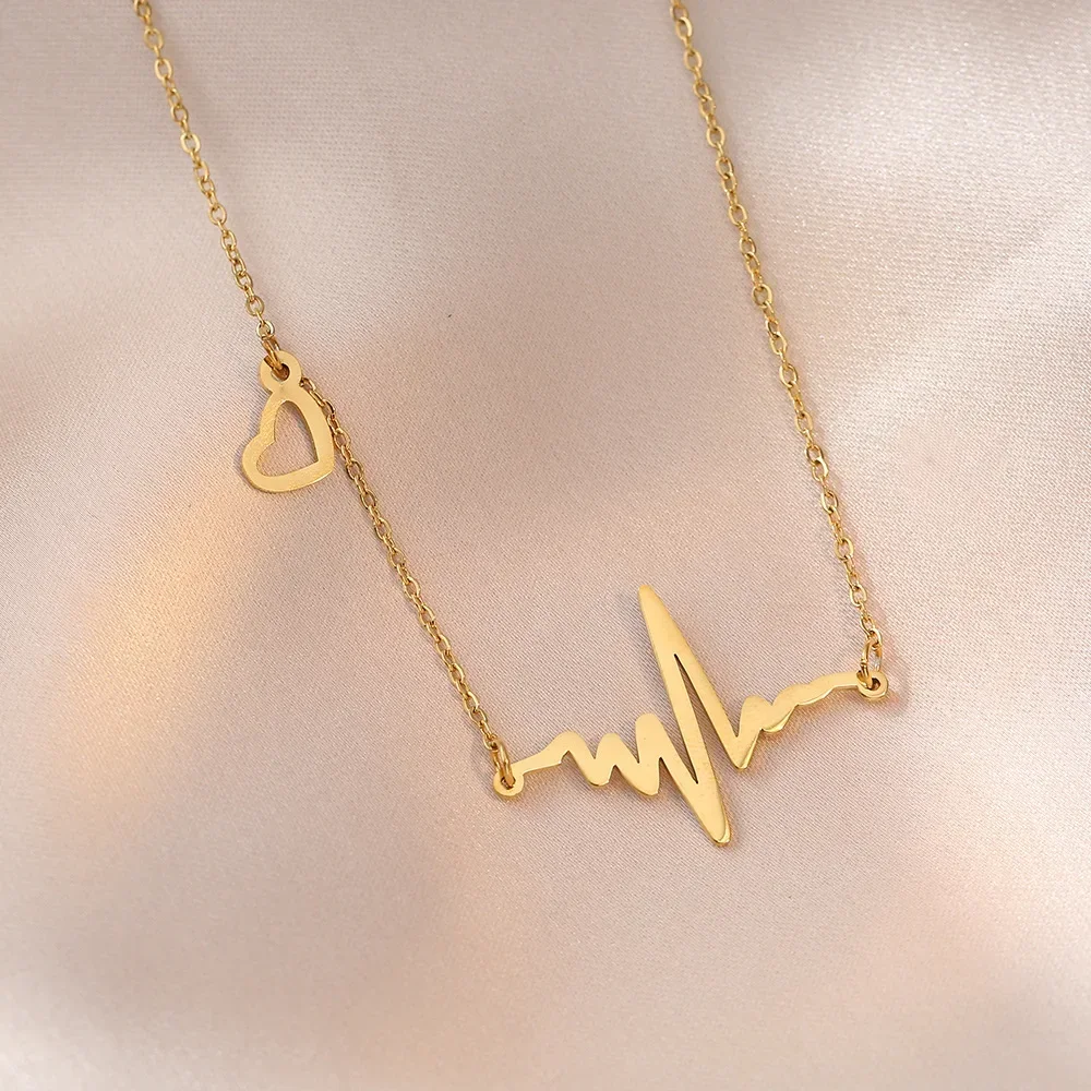 Korean Romantic Heart Beat Love Pendant Electrocardiogram Stainless Steel Necklace Collarbone Chain Girls for Christmas party