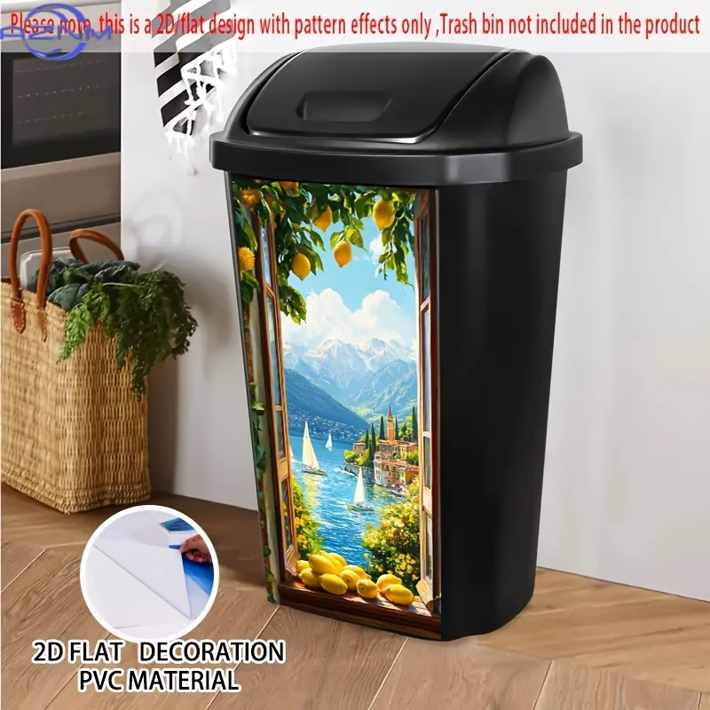 1pc UJoli 2D/Flat Lemon Scenery Garbage Bin Sticker - Self-Adhesive PVC Window Decal with Lake, Sailboats & Mountains View, Cr