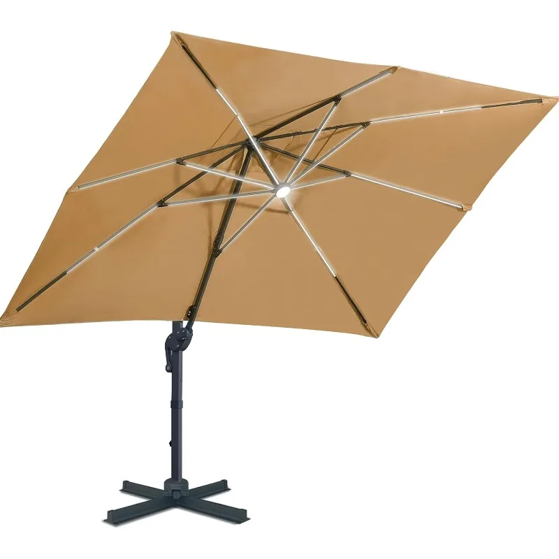 Sunnyglade 10x13ft Solar Powered LED Cantilever Patio Umbrella Square Deluxe Offset Umbrella 360°Rotation & Integrated Tilting