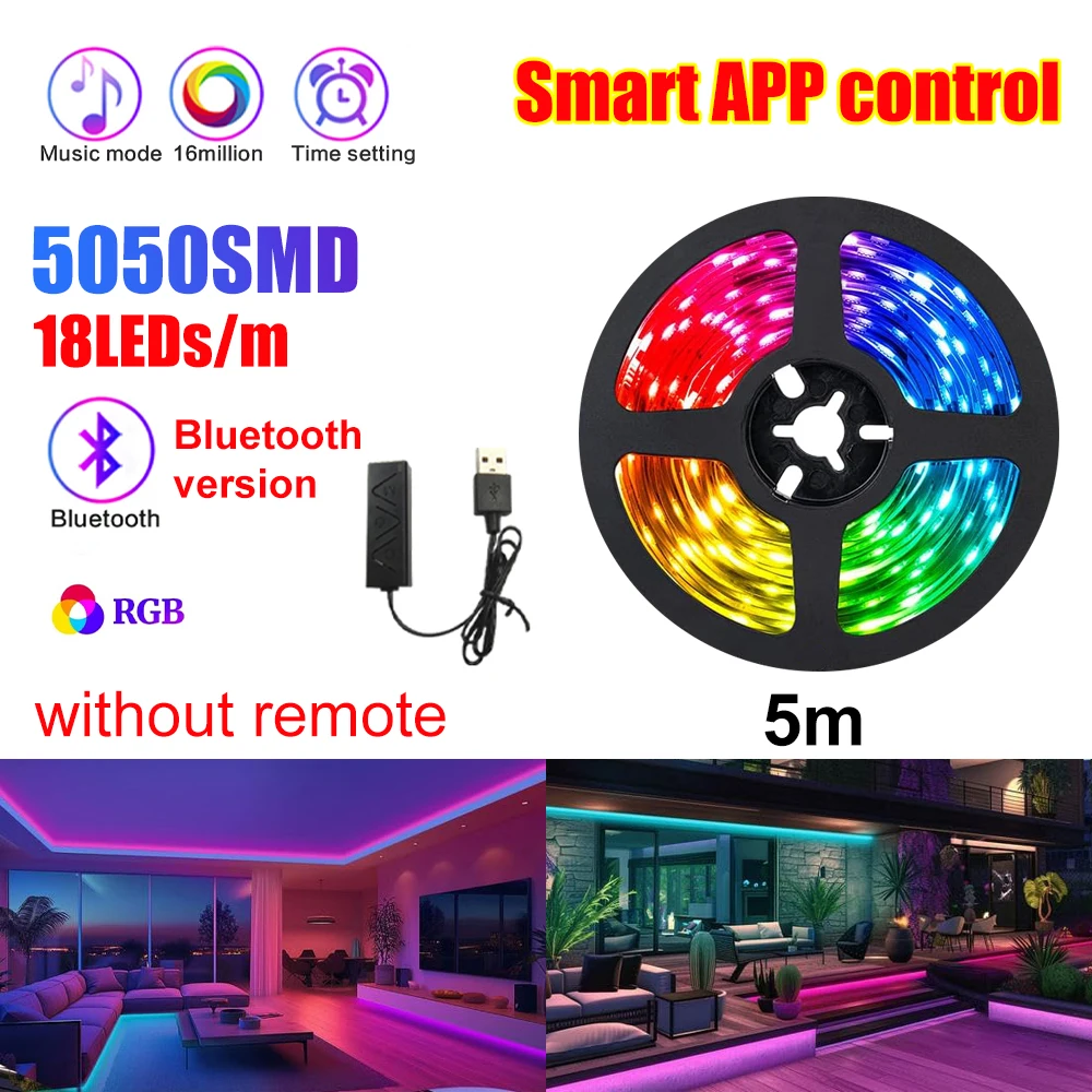 Wiscolor 5V USB Led Strip Light Bluetooth APP Control RGB5050 LED Light ,1-5M Led Tape for TV Backlight Room Christmas Decoratio