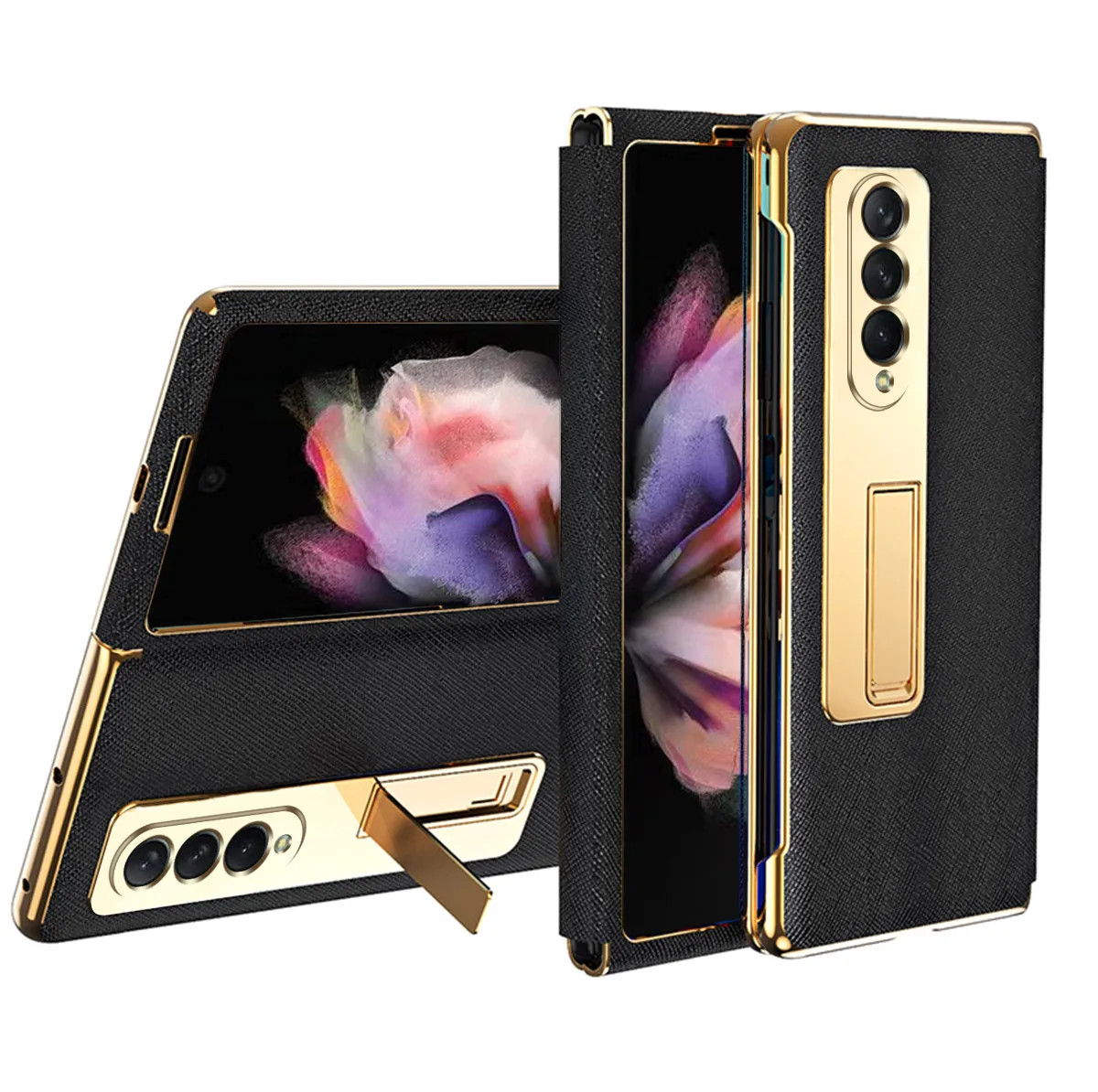 

Luxury Leather Case For Samsung Galaxy Z Fold 6 5 4 3 2 5G Plating Frame Foldable Kickstand Front Cover Glass Screen Protector
