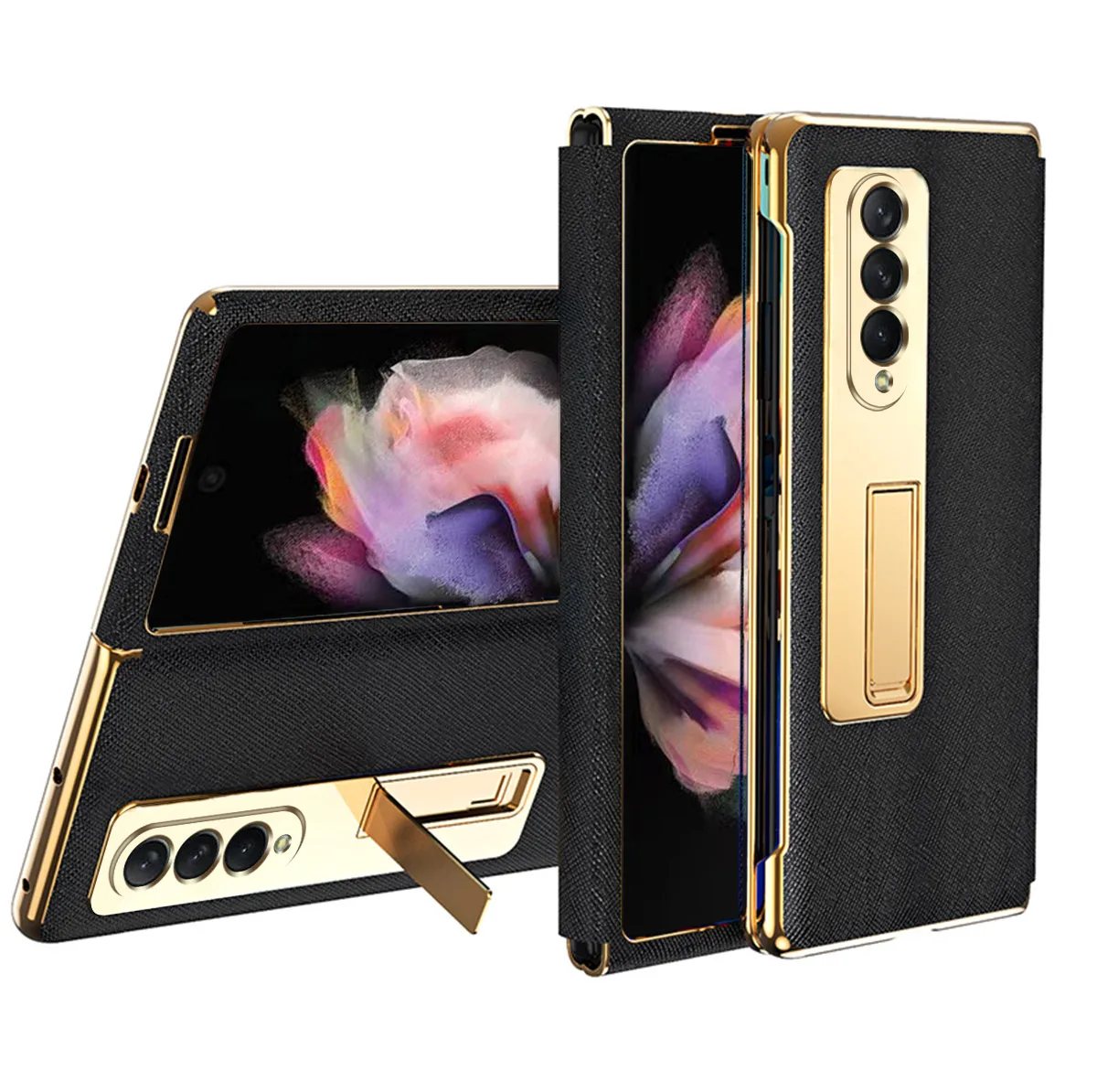 

Luxury Leather Case For Samsung Galaxy Z Fold 5 4 3 2 5G Plating Frame Foldable Kickstand Front Cover Glass Screen Protector