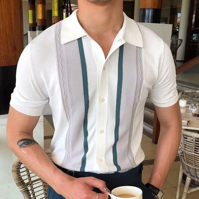 Men's Polo Shirt slim fit stripe stitching business casual shirt fashion shirts for men knitted polo shirt summer Essentials