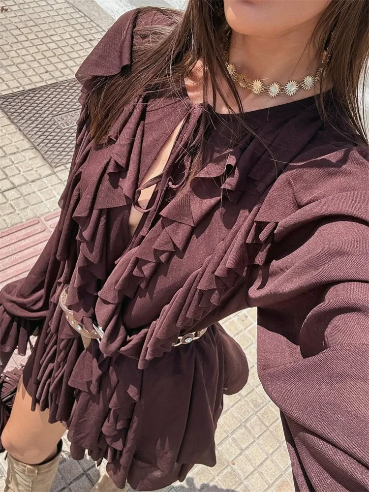 

Ruffled Lace-Up Fashion Mini Dress Women's See-Through Patchwork Elegant Long Sleeve Party Dress Female Bodycon Dress New