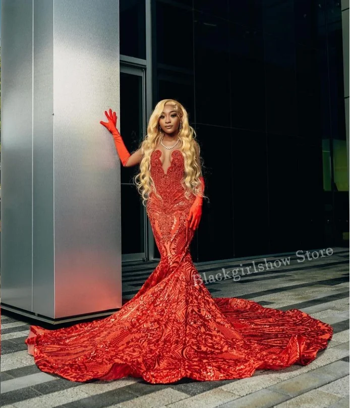 Vestido de graduación de sirena roja con cuentas deslumbrantes para niña, apliques negros, fiesta de cumpleaños, vestido de Reina, vestidos formales para ocasiones para niñas