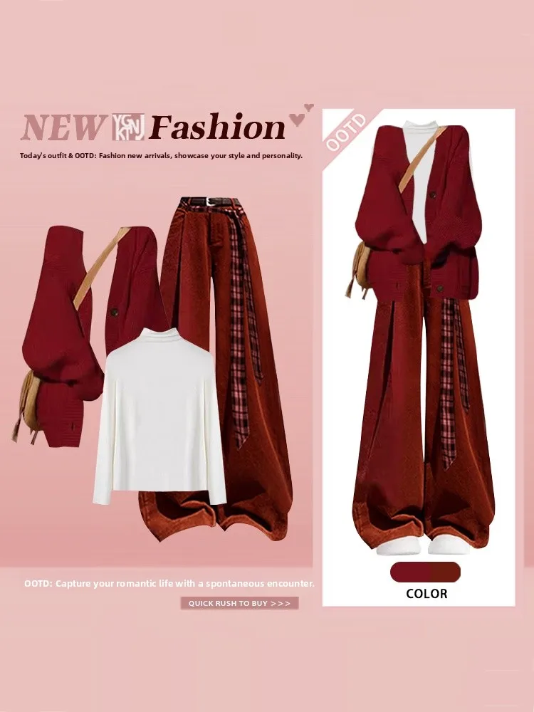 

Red Knitted Open Cardigan Wide Leg Pants Casual New Year Tee Piece Set Women's High Waist Plaid Winter Faion Ensemble