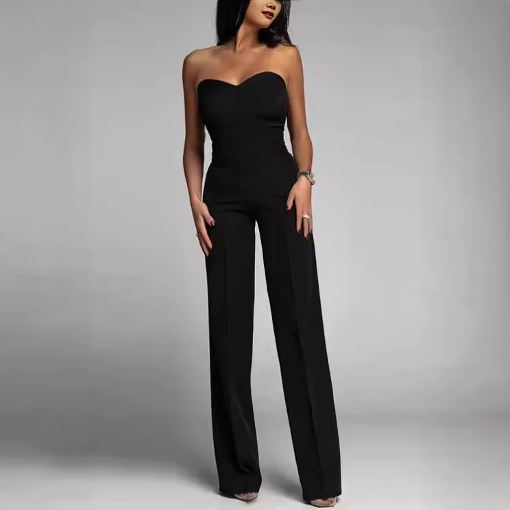 

Women's Fashion Strapless Sweetheart Neck Ruched Waist Wide Leg Slim Fit Solid Color Elegant Comfortable Casual Trendy Jumpsuit
