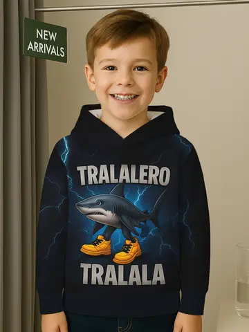 Boys Tralalero Tralala Pullover Hoodies Autumn Outdoor Long Sleeve Thin Hooded Sweatshirt Italian Brainrot Perfect Gift for Kids