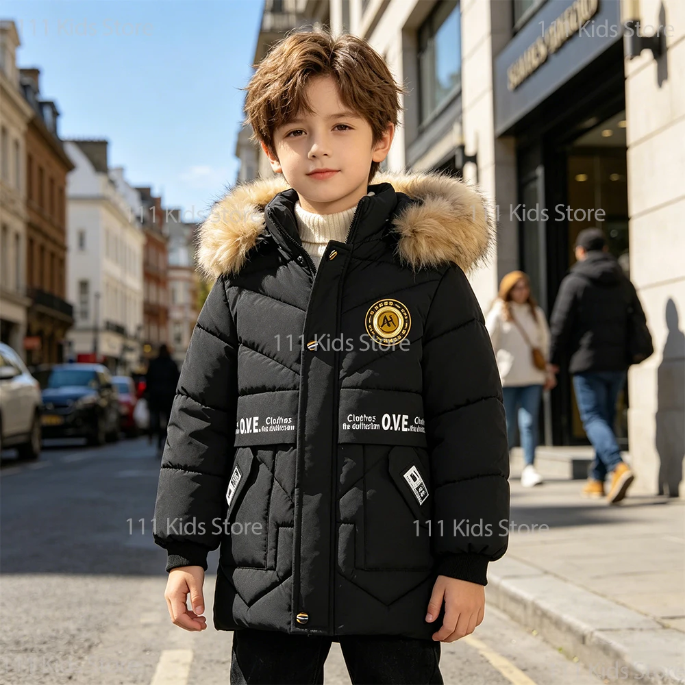 

Boys Girls Winter Clothes Plush Thick Down Jacket Fashionable Cotton Jacket Medium Long Coat Children's New Trend Cotton Coat