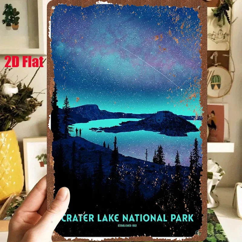2D Flat - 1pc 2D[Flat] Metal Sign Crater Lake National Park Retro Tin Painting, 8X12 Inches/20X30 Cm, Starry Night Sky, Charming