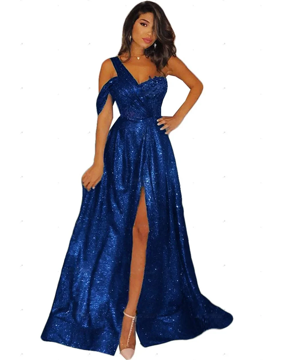 Robe de Soirée Brillante Bleu Marine à Paillettes, Tenue Formelle à Fente Haute, sur Mesure