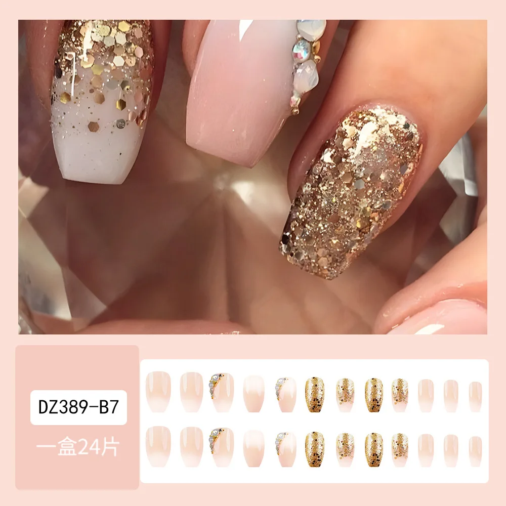 24 pçs ouro glitter unhas falsas para colar strass quadrados unhas falsas para meninas manicure com design barato imprensa em unhas conjunto