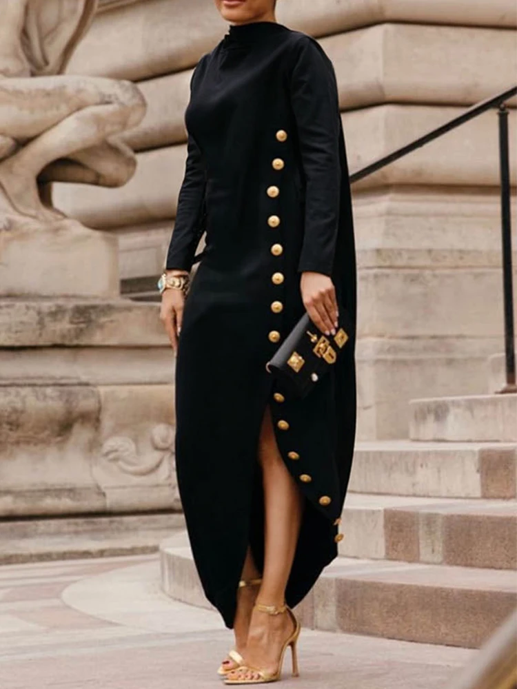 

Black Women's Buttoned Split-Side High Neck Evening Dress 2026 Fashion Long Sleeves Formal Commuter Office Maxi Dresses